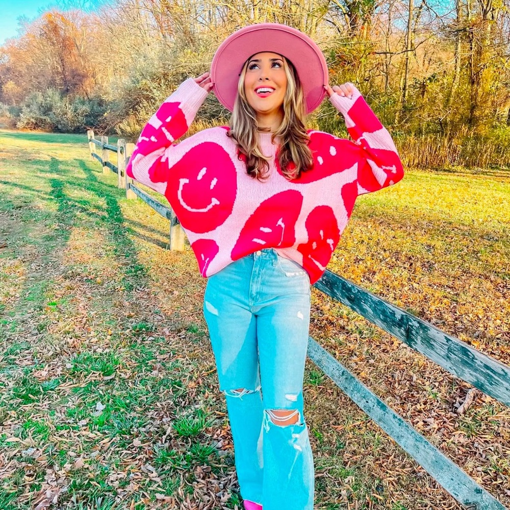 Altar'd State Pink and Red Smiley Face Crewneck Sweater